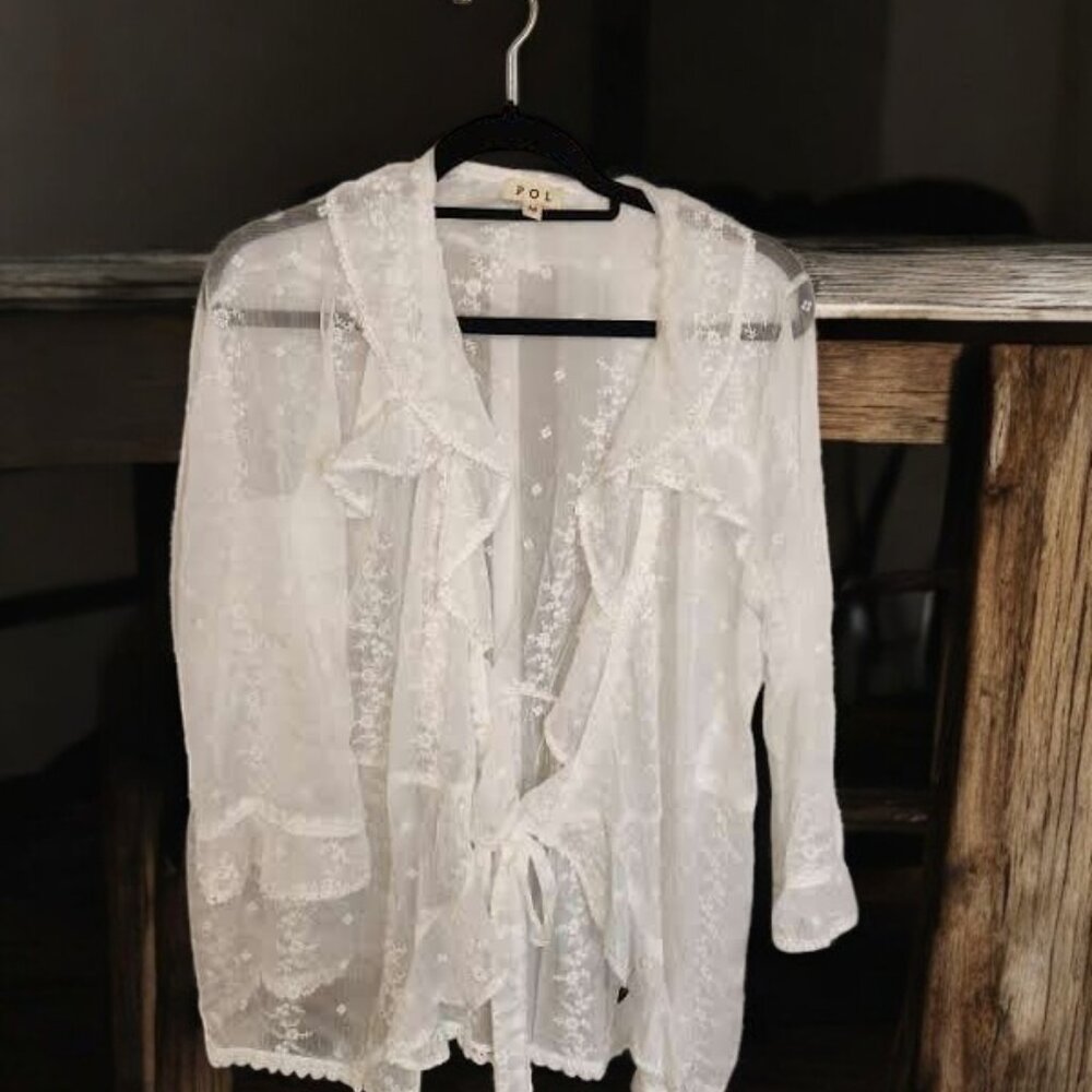 POL Sheer Tie-Front Blouse with Floral Embroidery – Size Medium - Picture 7 of 13